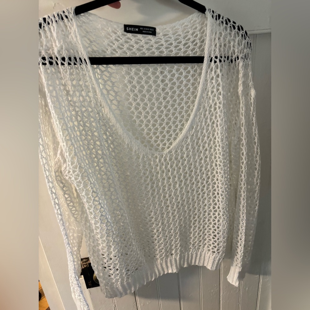 SHEIN White V-Neck Knit Sweater